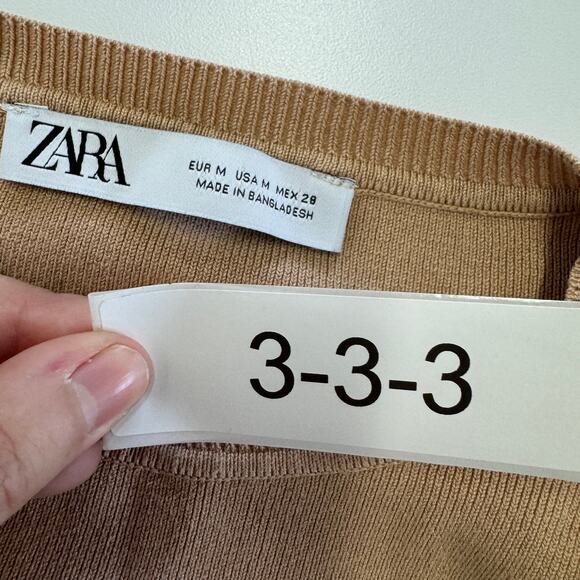 Zara Sweater Womens Medium Tan Brown Crew Neck Ribbed Knit - Picture 3 of 5